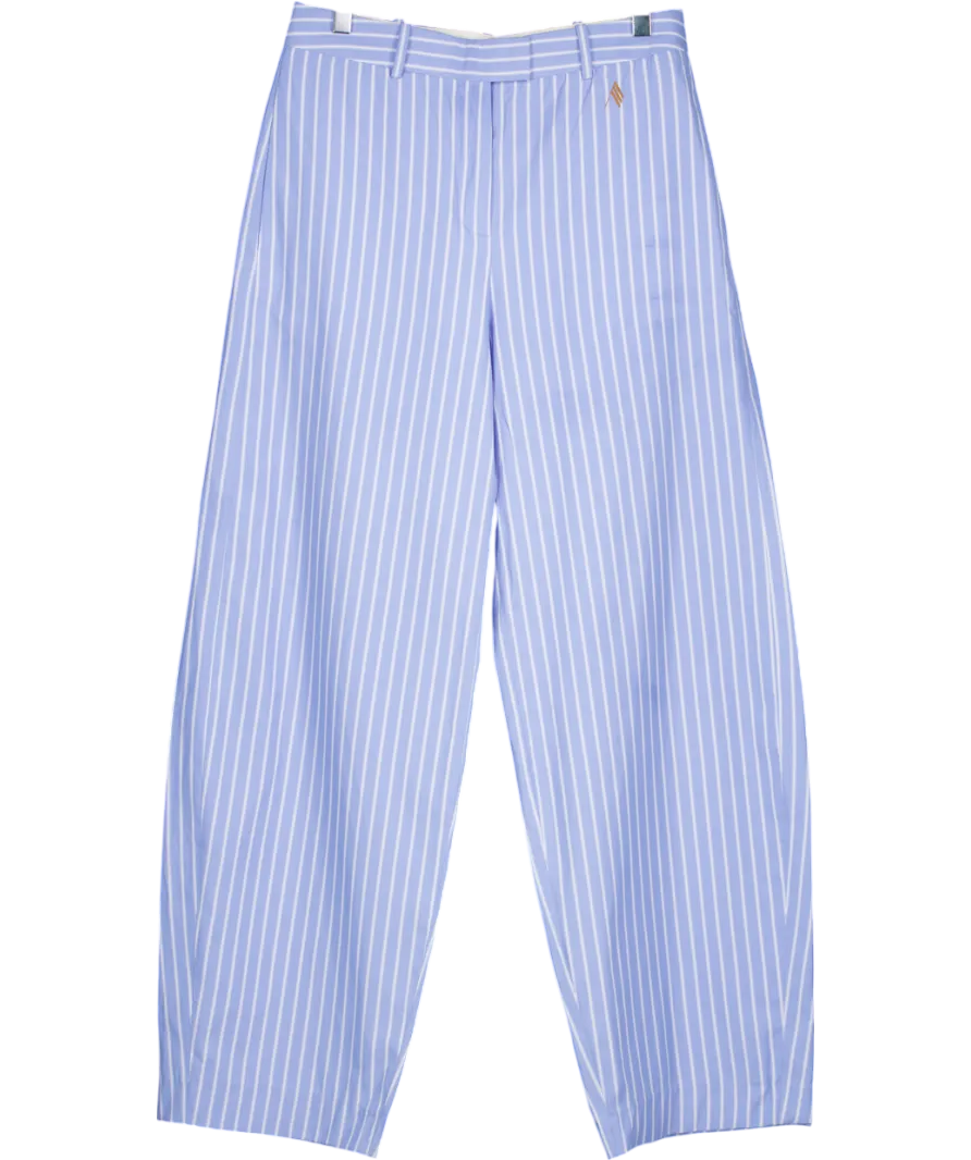 Attico Blue Striped Straight Leg Cotton Blend Trousers UK 12