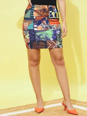 Berrylush Black Graphic Printed High-Waisted Slip On Pencil Mini Skirt