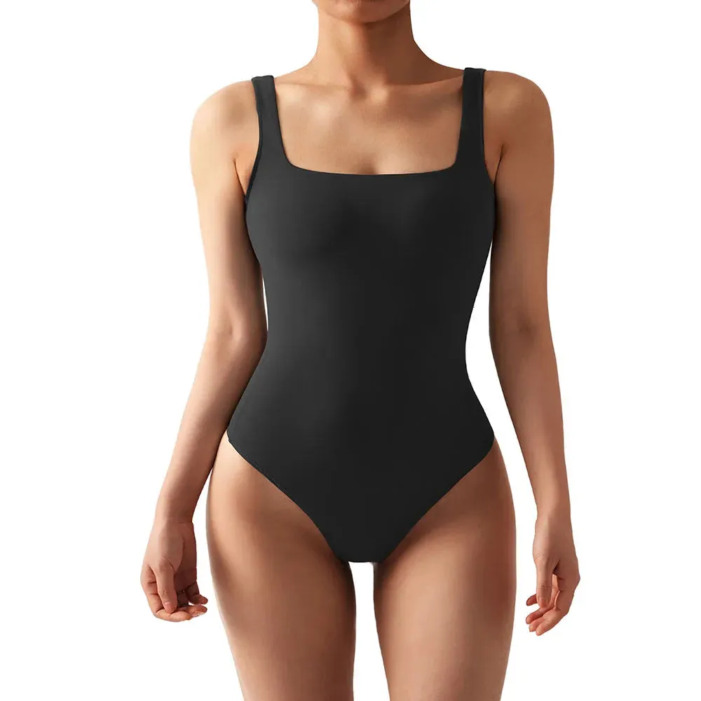 Bodysuits Women Sexy Body Suit One-Piece Romper Solid Sexy Sleeveless Square Neck Padded Tank Tops Jumpsuit Streewear Ladies