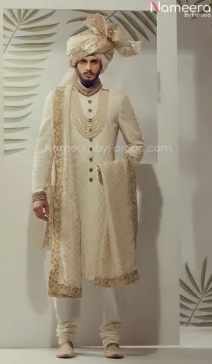 Elegant Designer Grooms Sherwani in White Jamawar #GN14