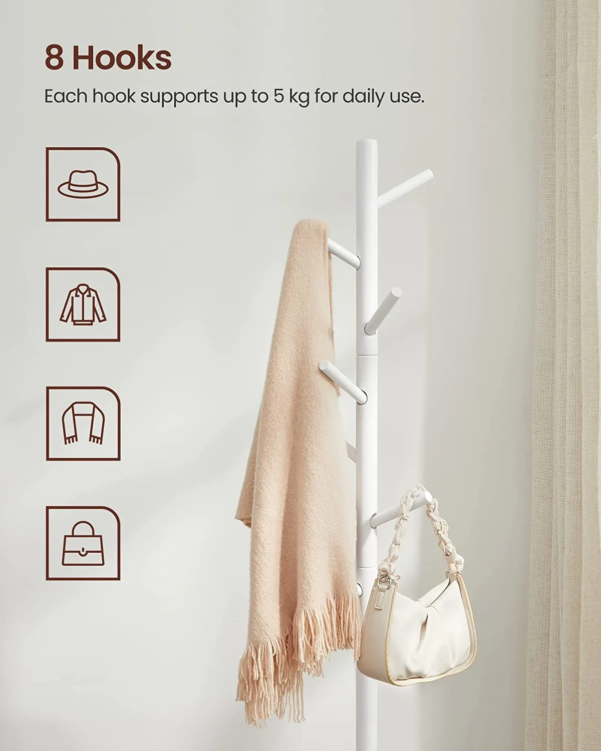Free Standing Solid Wood Coat Rack - White