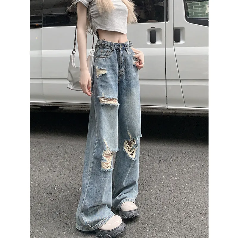 High-Waisted Baggy Ripped Jeans, S-5XL