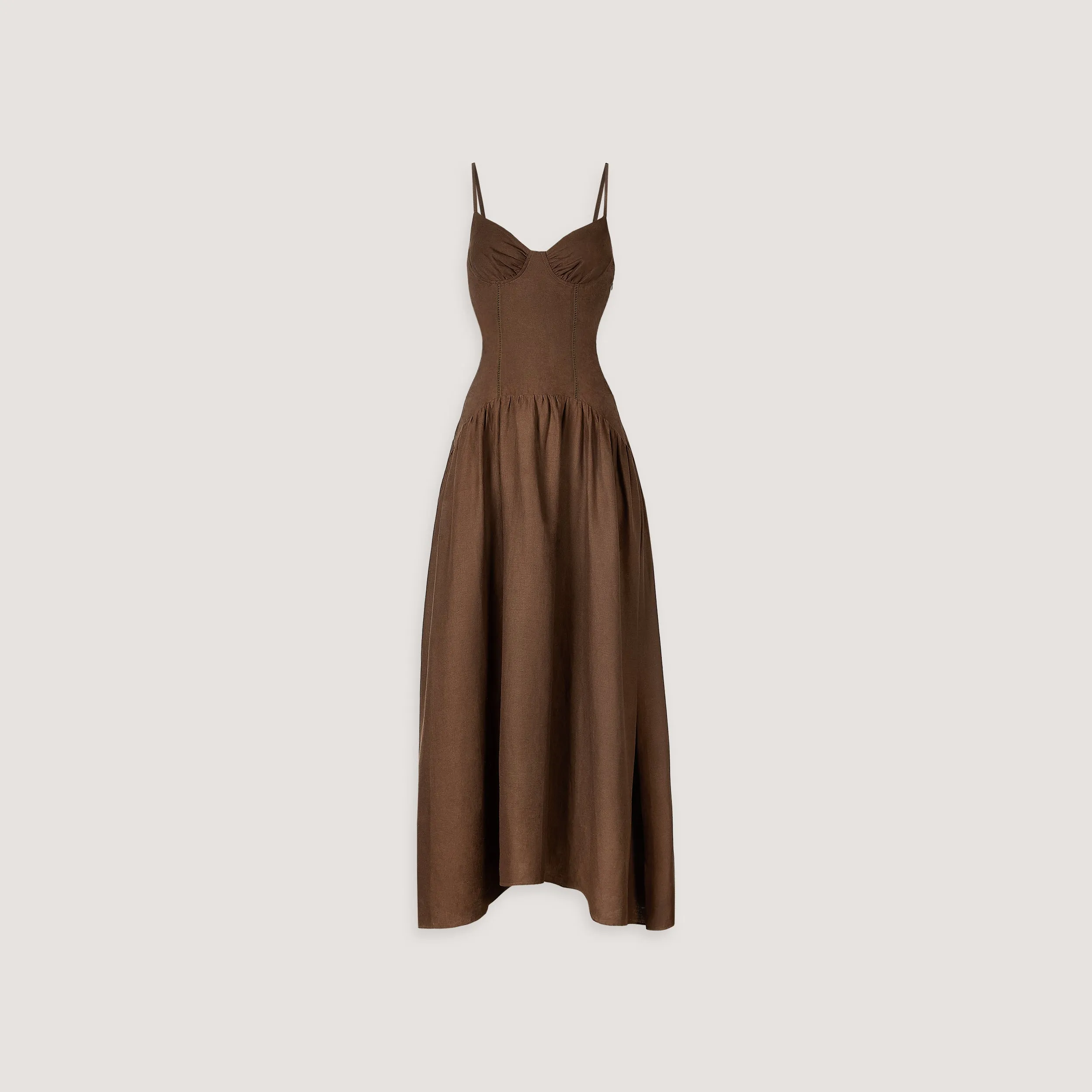 Maxikleid aus Leinenmischung mit Tiefem Bund - Schokolade