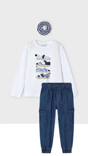 Mayoral 3092 White Long Sleeve Tee-Shirt, Scrunchie and 3531 Dark Long Cotton Trousers In Stock Now