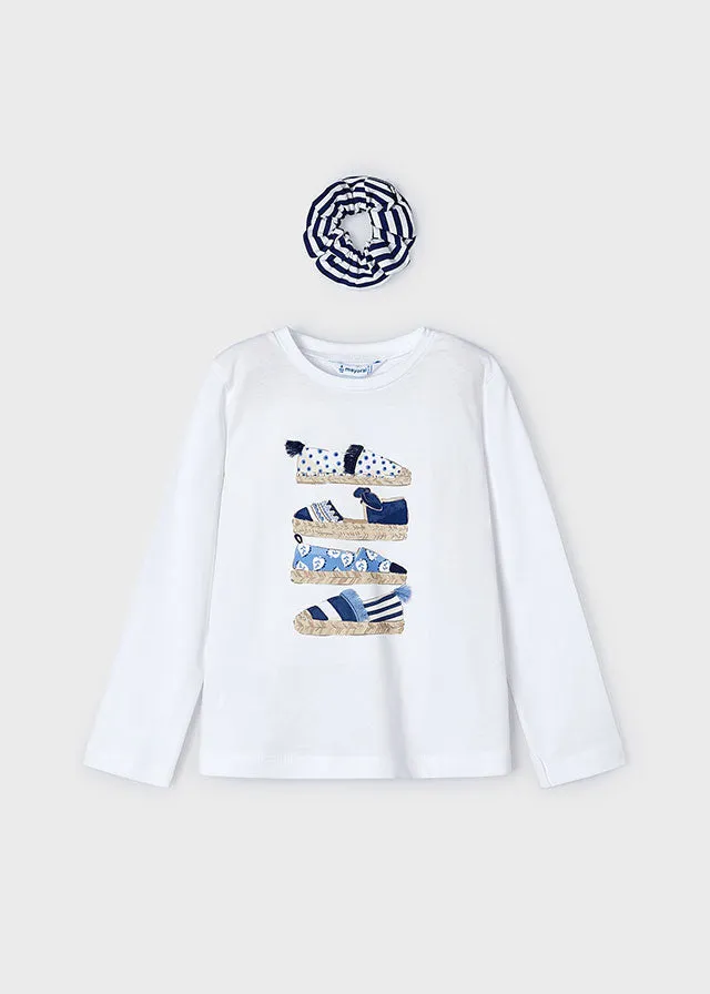 Mayoral 3092 White Long Sleeve Tee-Shirt, Scrunchie and 3531 Dark Long Cotton Trousers In Stock Now