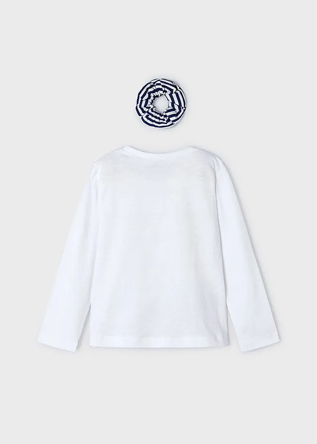 Mayoral 3092 White Long Sleeve Tee-Shirt, Scrunchie and 3531 Dark Long Cotton Trousers In Stock Now