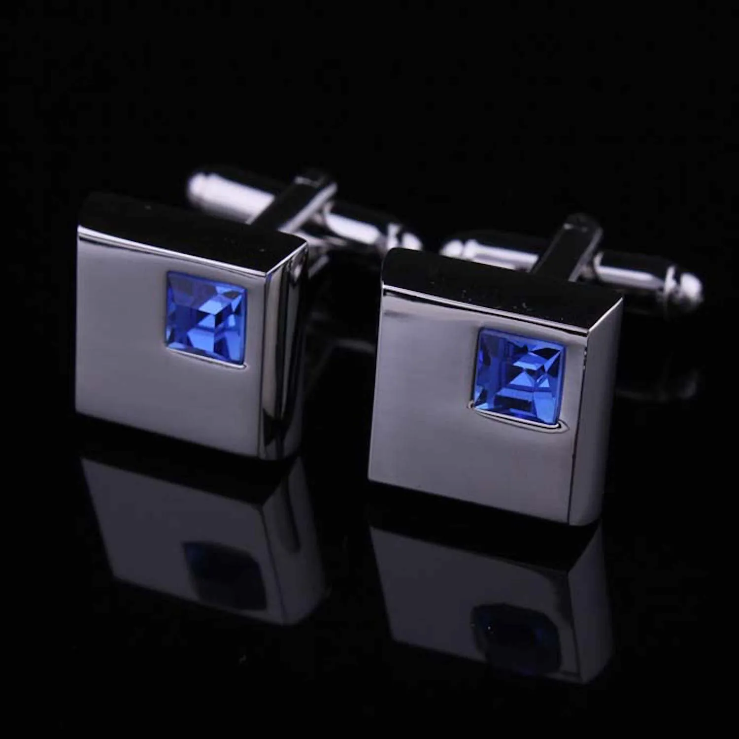 Men's Stainless Steel Silver Small Light Blue Square Cufflinks with Box