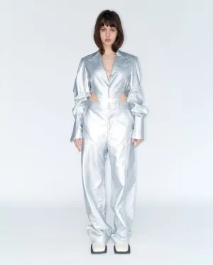 Python Chaps Paneled Trousers in Silver PU Leather