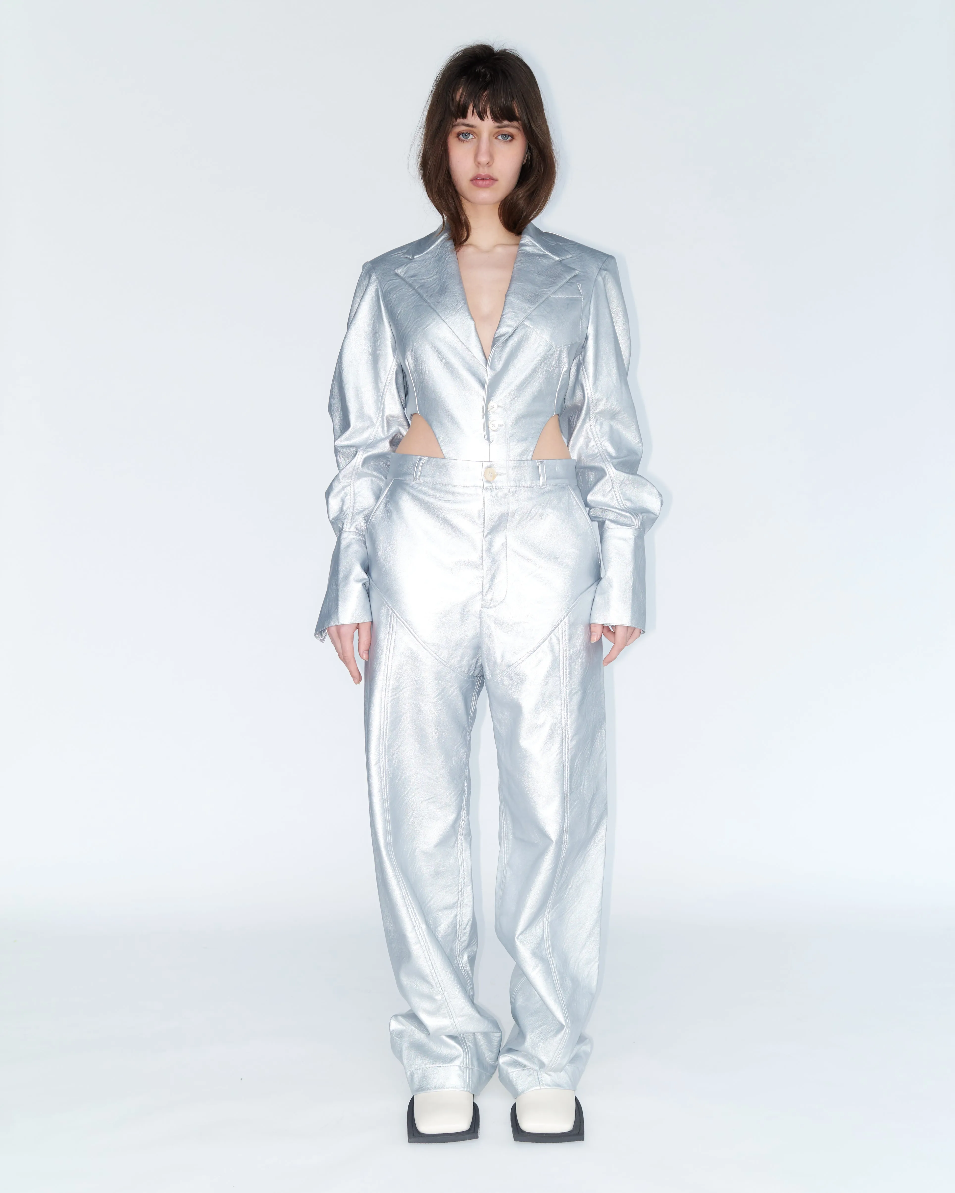 Python Chaps Paneled Trousers in Silver PU Leather