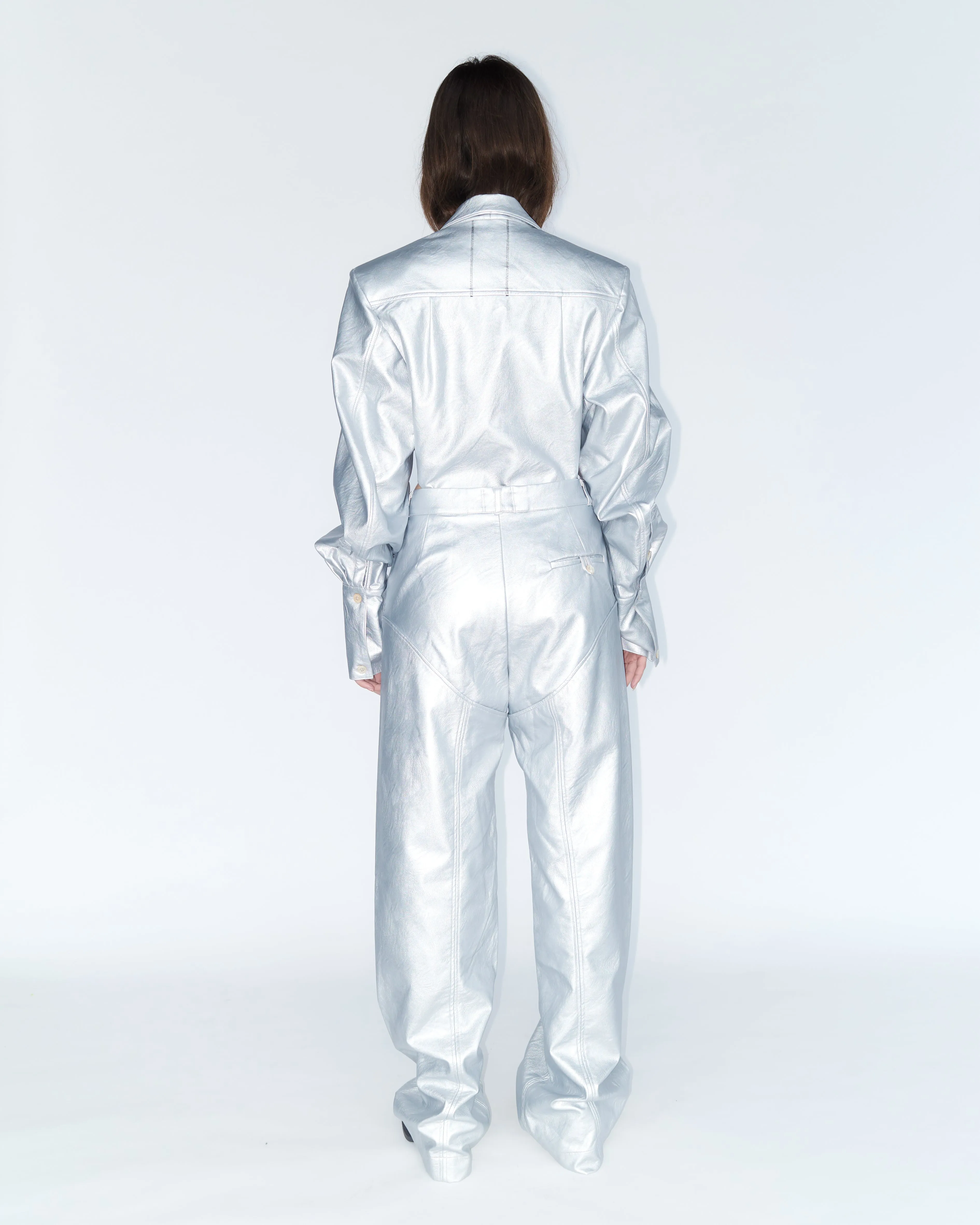 Python Chaps Paneled Trousers in Silver PU Leather