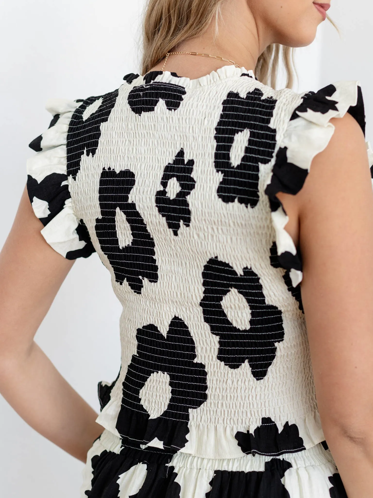 Ruffle Sleeve Smocked Printed Top