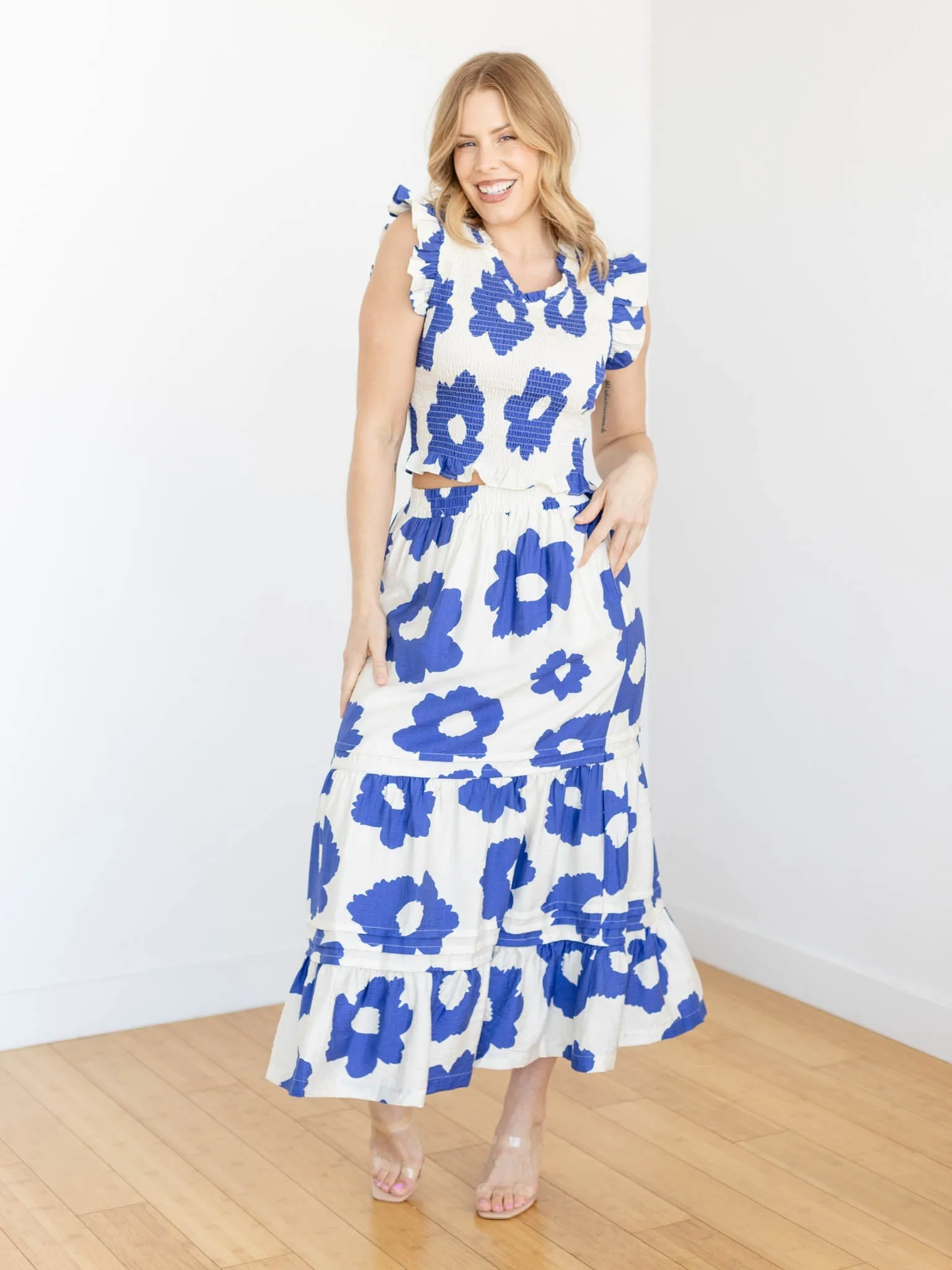 Ruffle Sleeve Smocked Printed Top