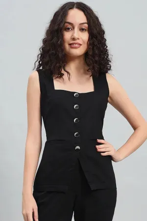 Square Neck Linen Vest, Black