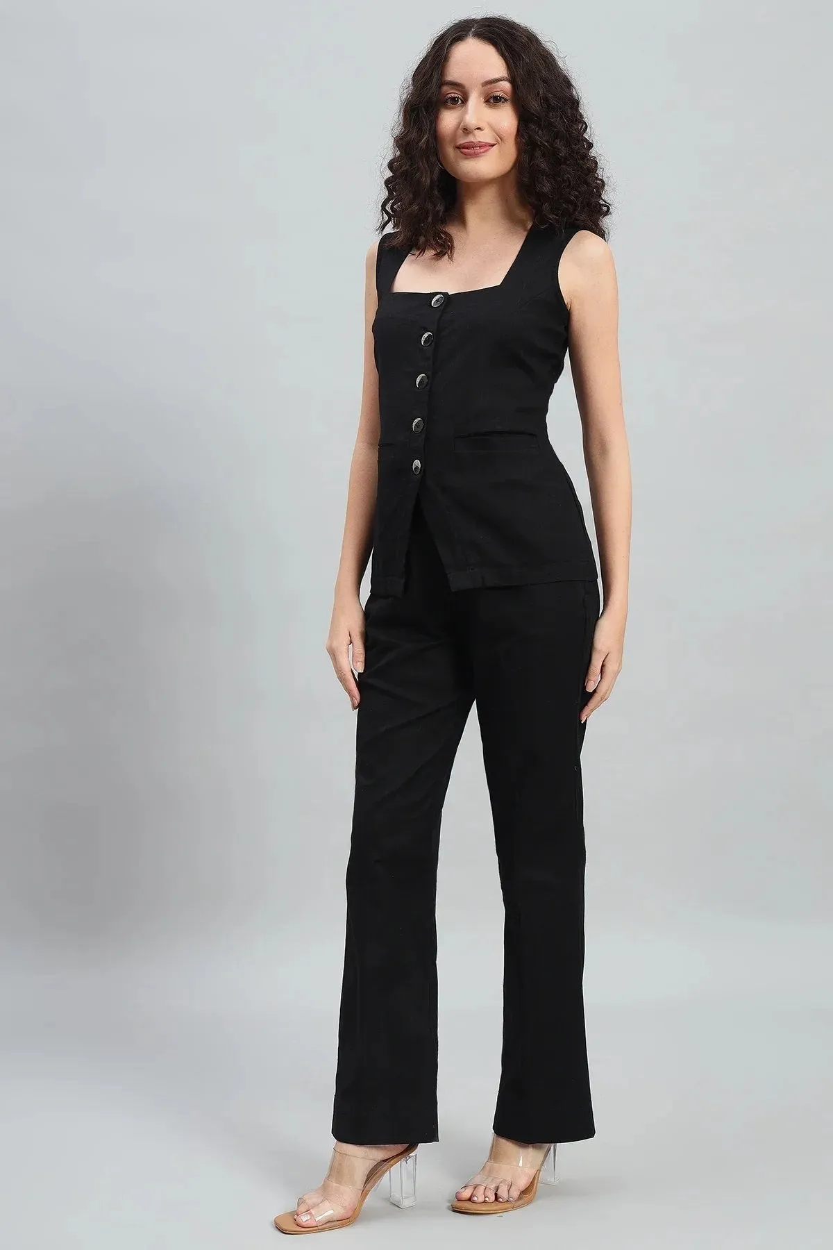 Square Neck Linen Vest, Black