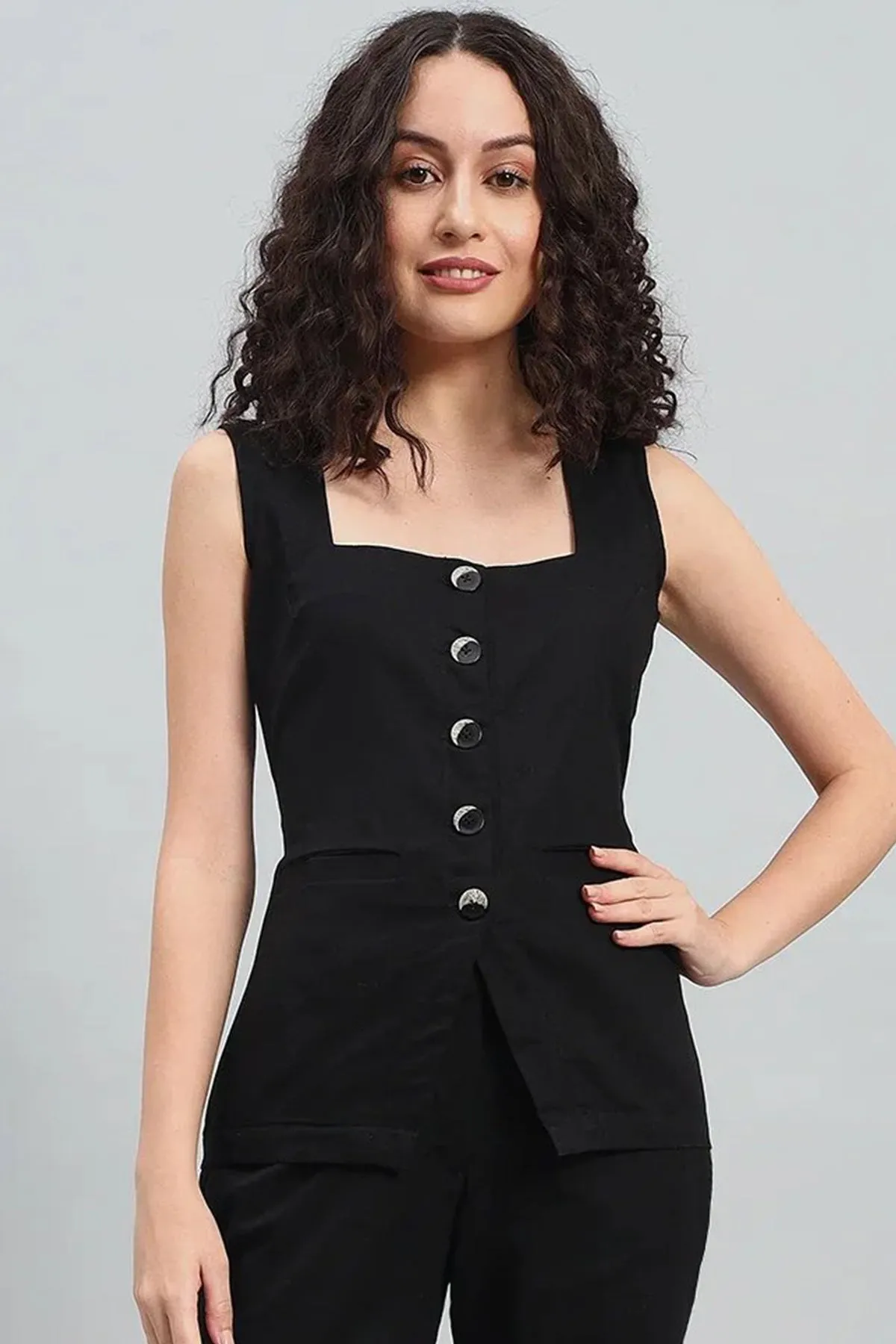 Square Neck Linen Vest, Black