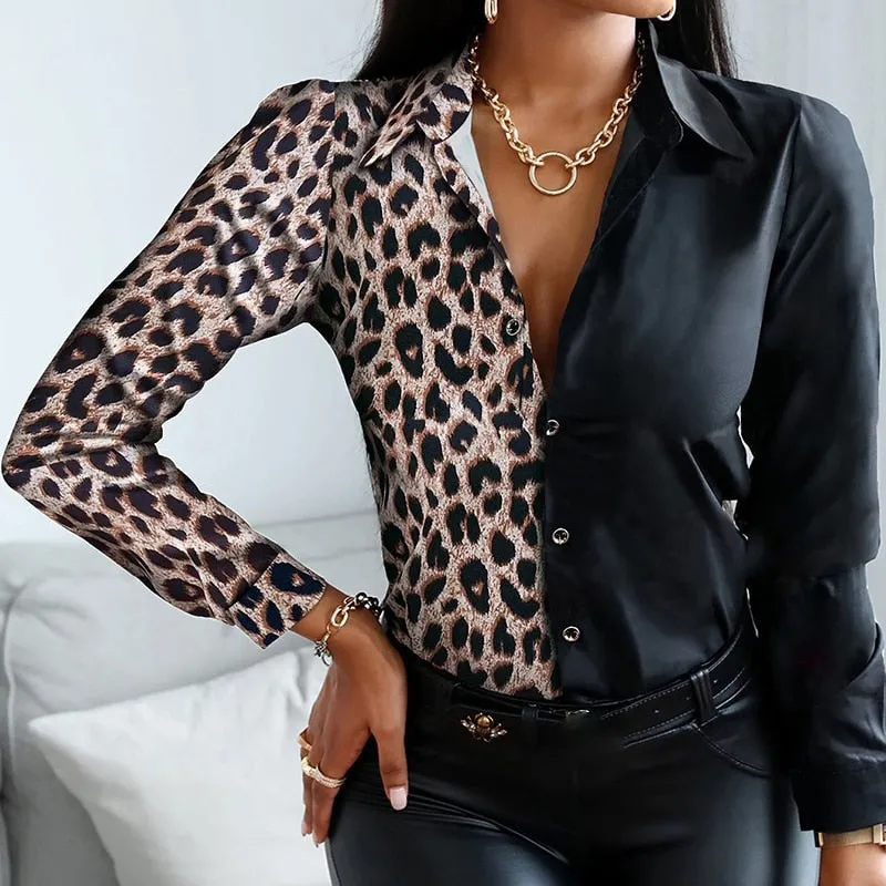 Vintage Women Turn Down Collar Print Blouse Casual Female Long Sleeve Slim Top Shirts Autumn Pullover Office Lady Blouse Blusa