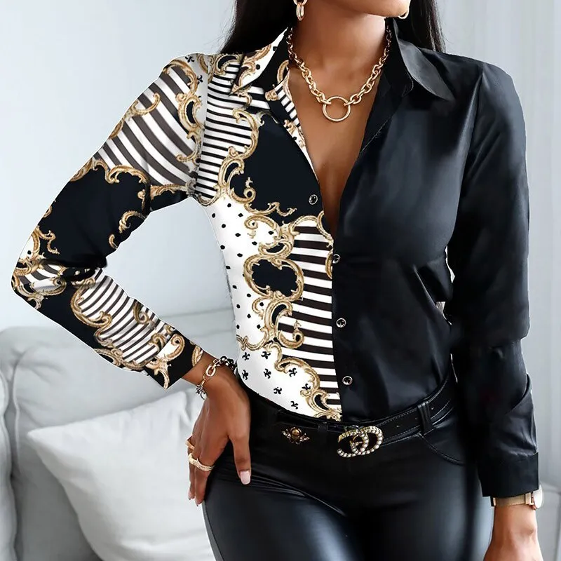 Vintage Women Turn Down Collar Print Blouse Casual Female Long Sleeve Slim Top Shirts Autumn Pullover Office Lady Blouse Blusa