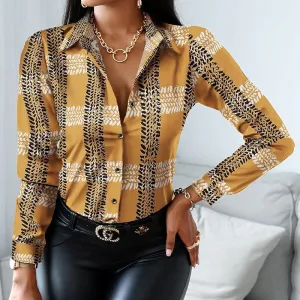 Vintage Women Turn Down Collar Print Blouse Casual Female Long Sleeve Slim Top Shirts Autumn Pullover Office Lady Blouse Blusa