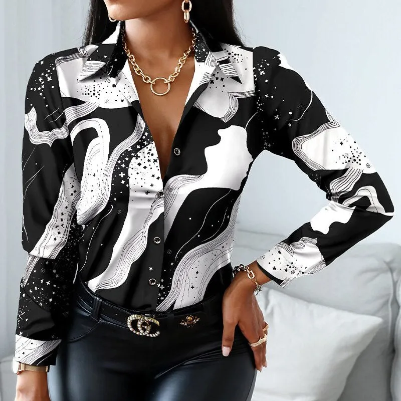 Vintage Women Turn Down Collar Print Blouse Casual Female Long Sleeve Slim Top Shirts Autumn Pullover Office Lady Blouse Blusa