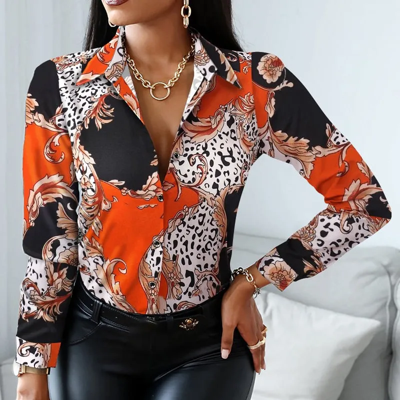 Vintage Women Turn Down Collar Print Blouse Casual Female Long Sleeve Slim Top Shirts Autumn Pullover Office Lady Blouse Blusa