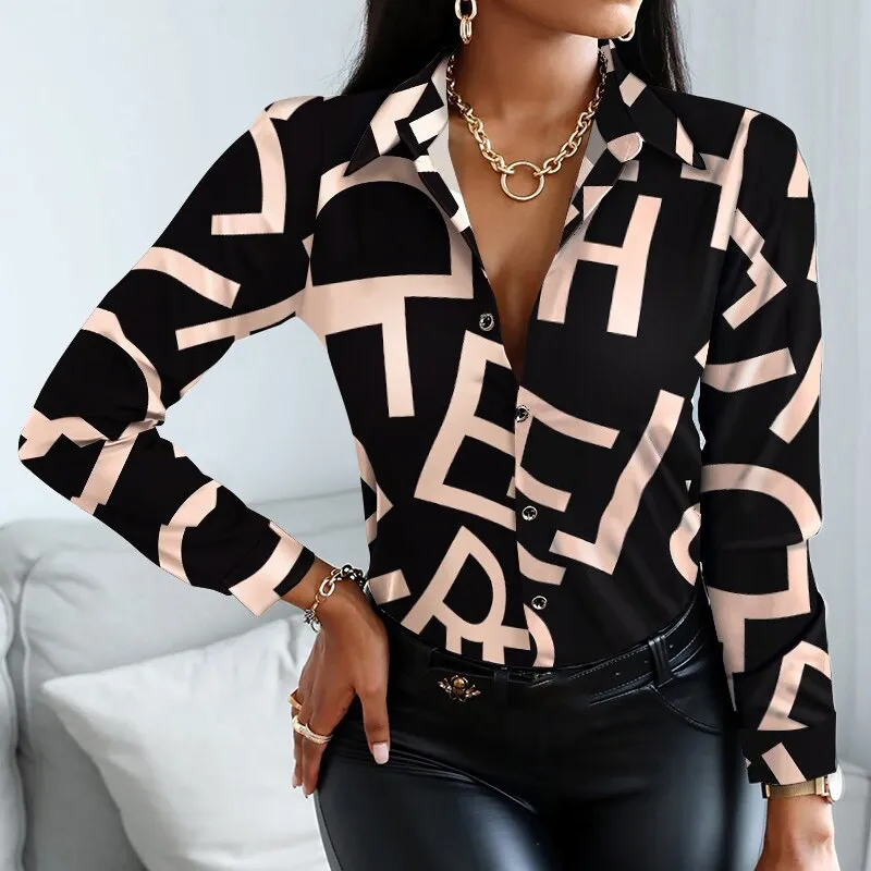 Vintage Women Turn Down Collar Print Blouse Casual Female Long Sleeve Slim Top Shirts Autumn Pullover Office Lady Blouse Blusa