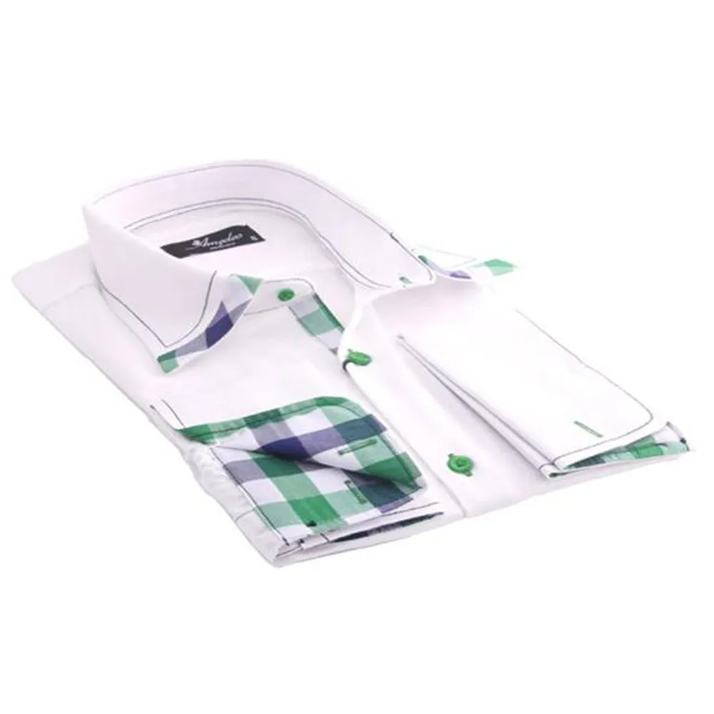 White with Green & Black Check Men's Dress Shirt, Button Down Slim Fit With French Cuff Casual And