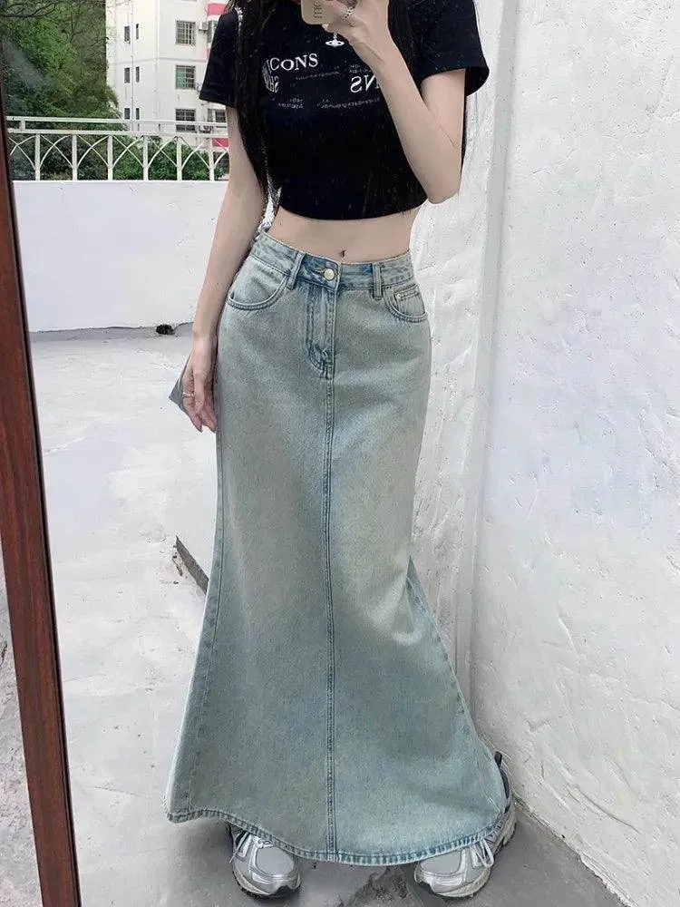 Women's Long Denim Skirt High-Waist Back Split Pencil Skirt