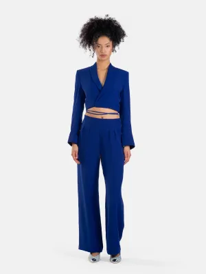 Wrap-Waist Cropped Blazer and High-Waisted Trousers