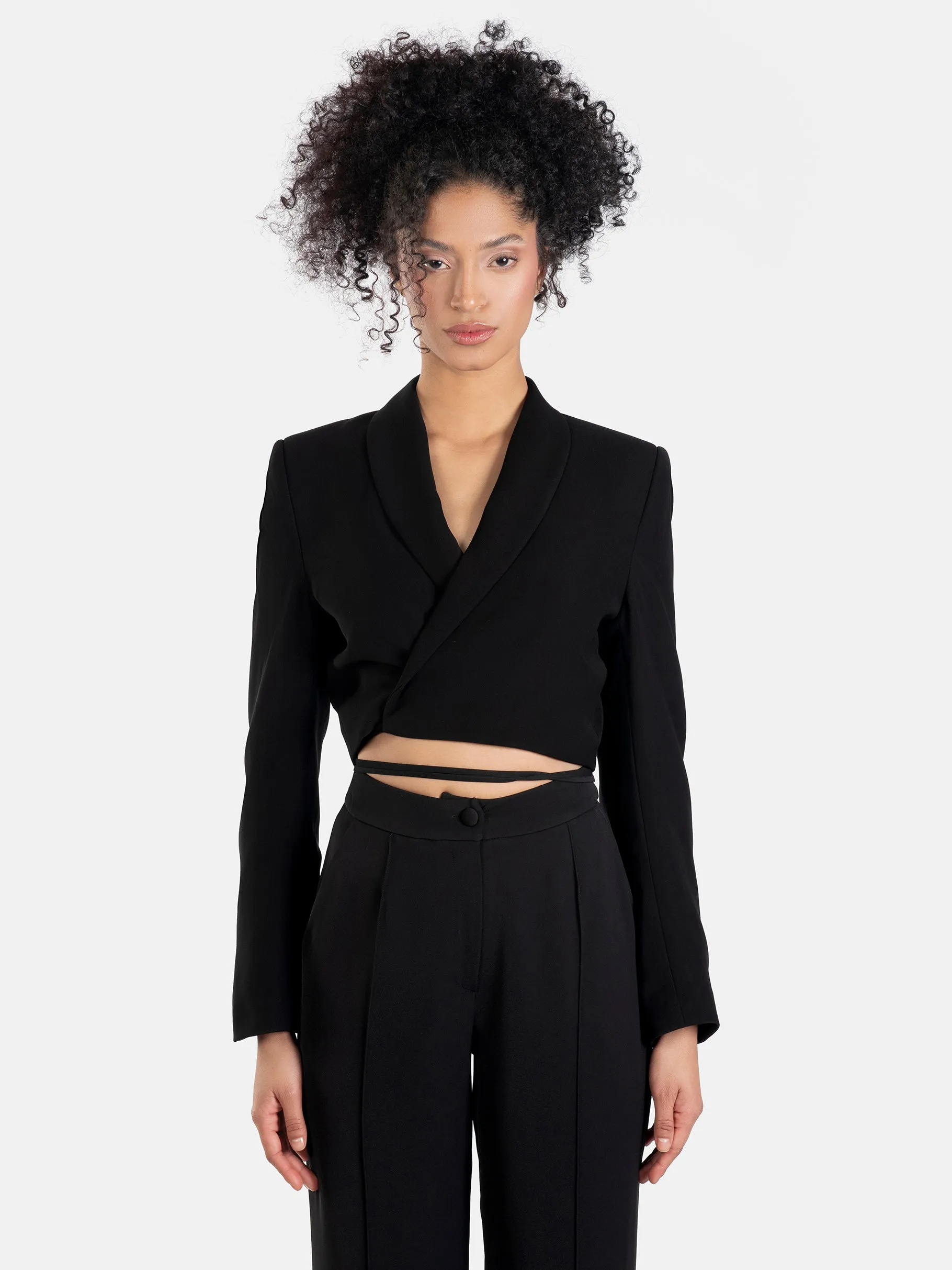 Wrap-Waist Cropped Blazer and High-Waisted Trousers
