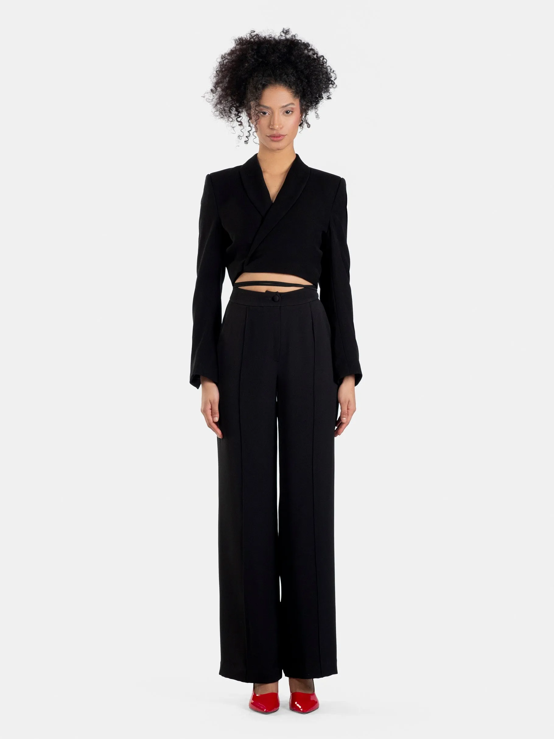 Wrap-Waist Cropped Blazer and High-Waisted Trousers