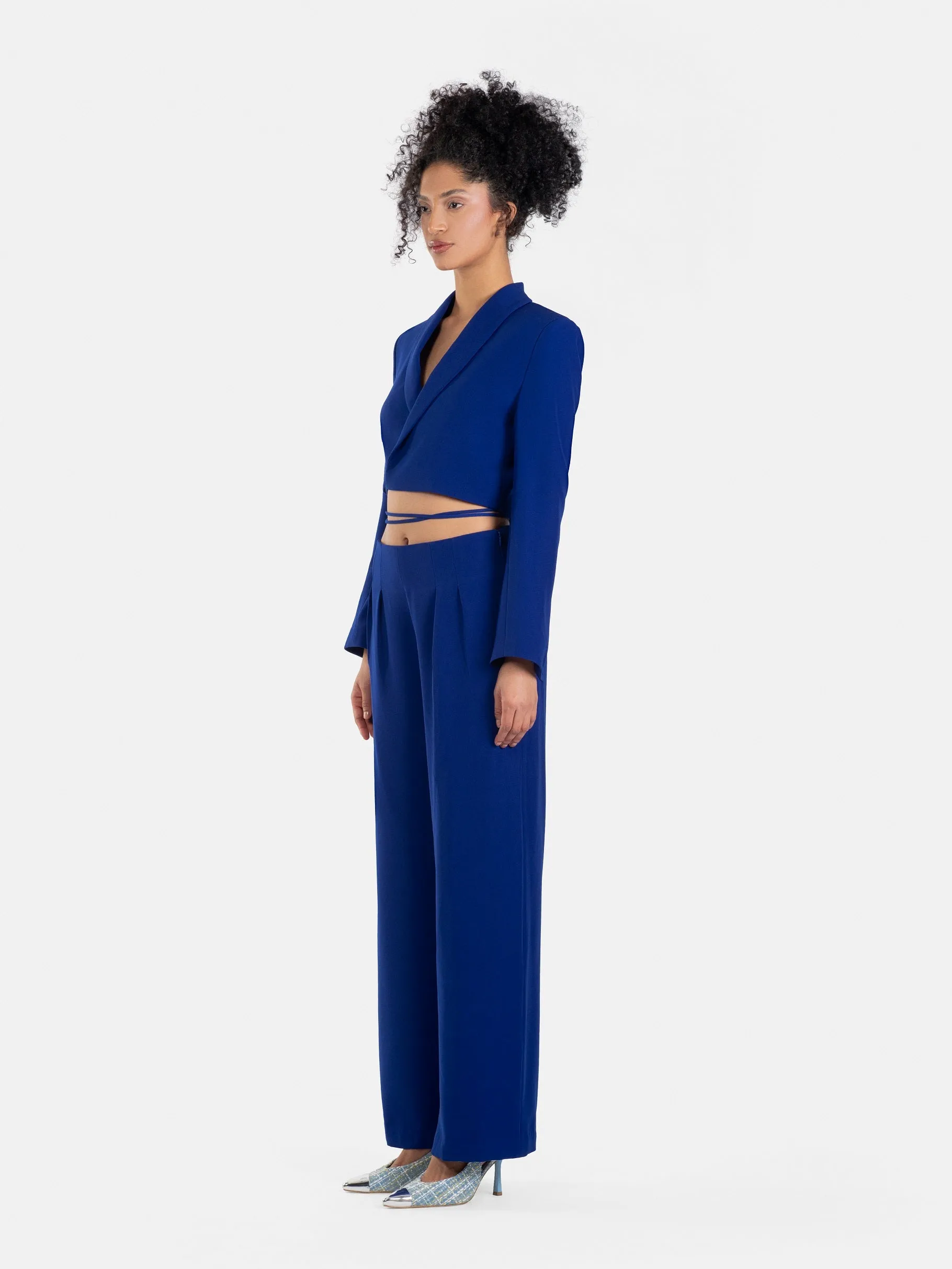 Wrap-Waist Cropped Blazer and High-Waisted Trousers