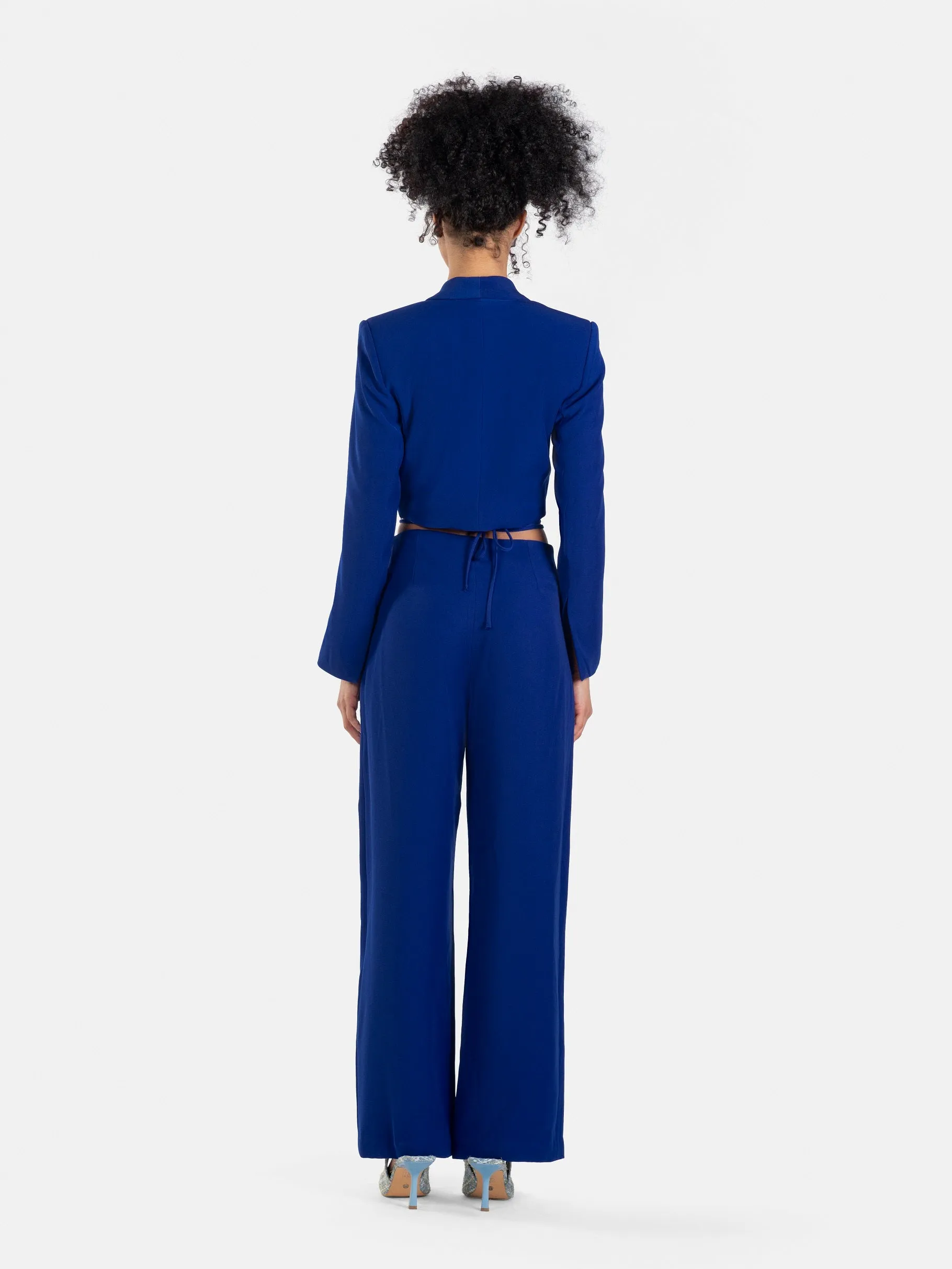 Wrap-Waist Cropped Blazer and High-Waisted Trousers