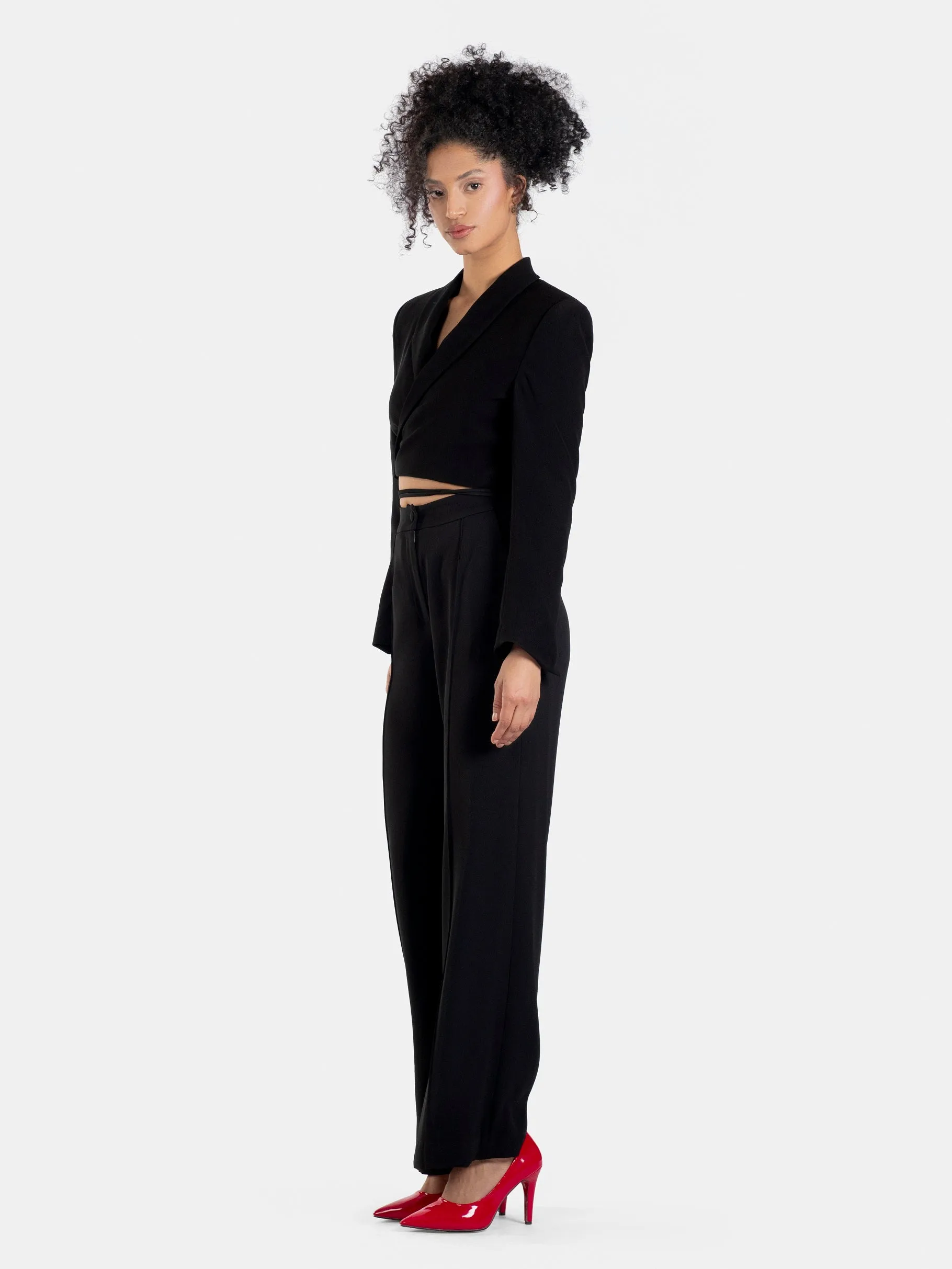 Wrap-Waist Cropped Blazer and High-Waisted Trousers