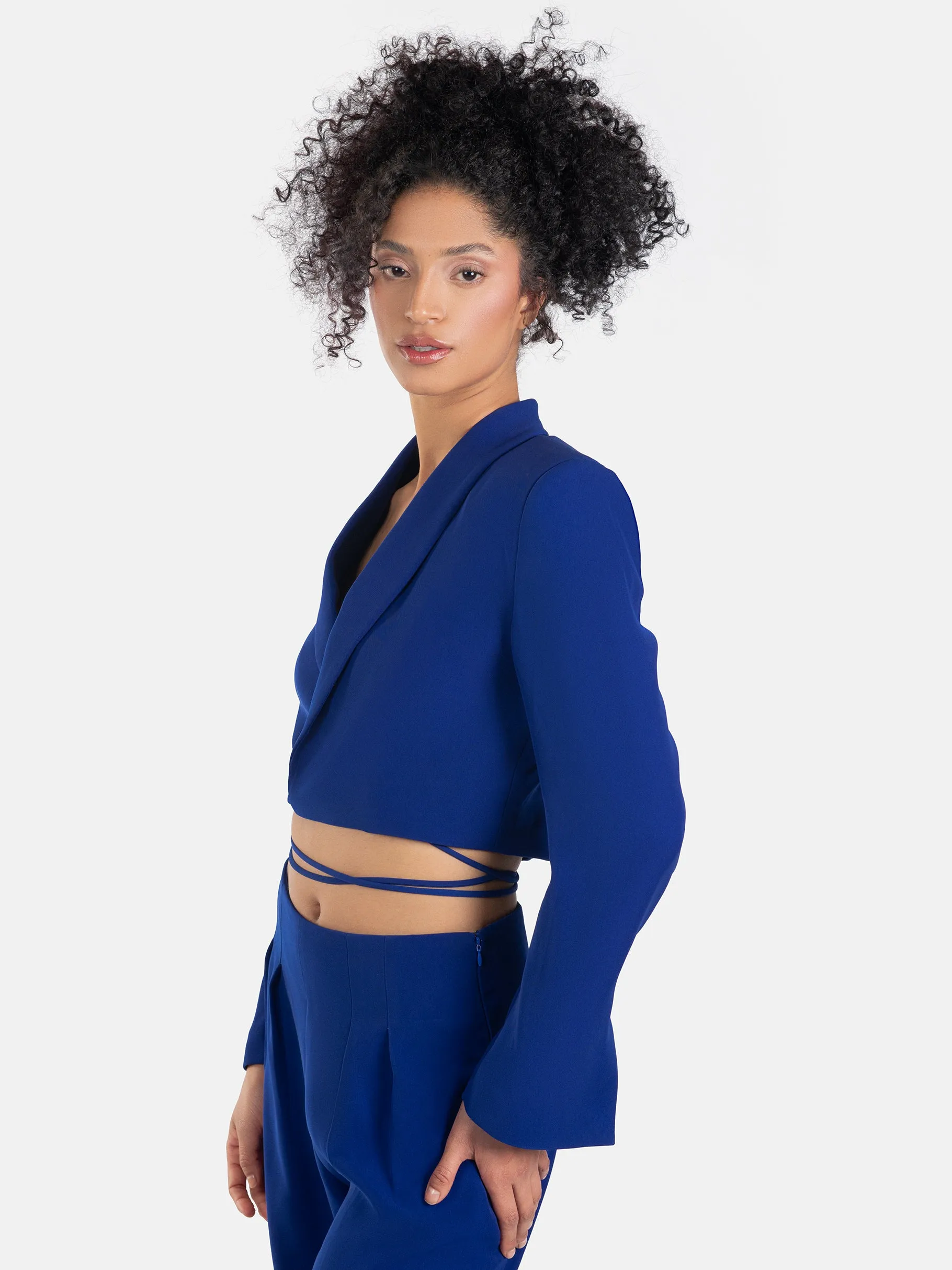 Wrap-Waist Cropped Blazer and High-Waisted Trousers